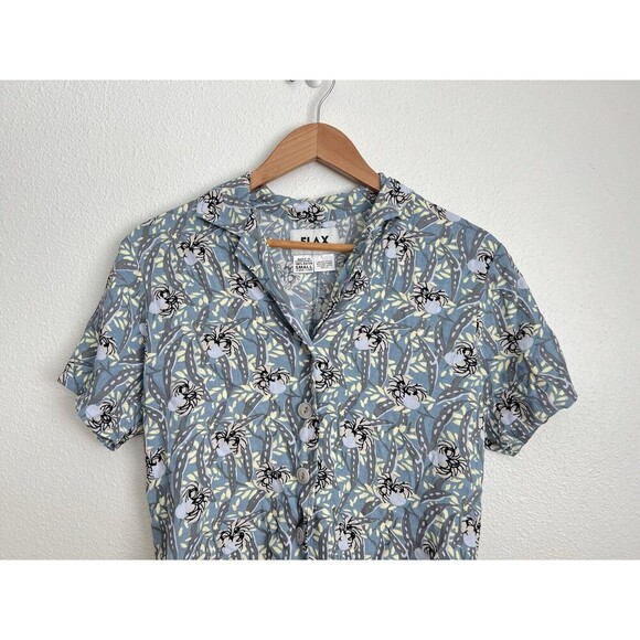 FLAX Women's Shirt Button Up Short Sleeve Blue Gray Floral Rayon Size M Generous - Picture 2 of 5